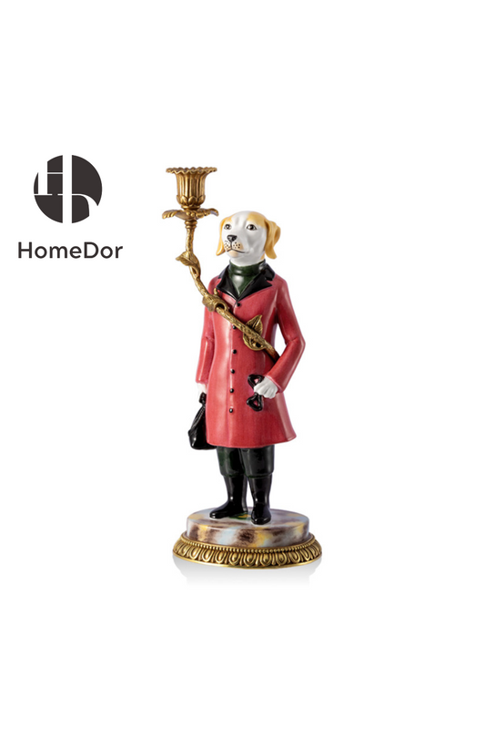 HomeDor-HomeDor × FH&Home | Dog Guard Figurine Candle Holder in Porcelain and Brass-Candelabras-Left/L16cm × W14cm × H41cm-