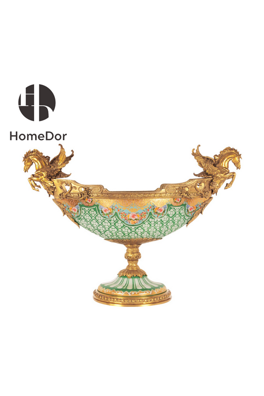 HomeDor-HomeDor × FH&Home | Exquisite Baroque Copper-cast Table Decor with Colorful Glass Bowl and Pegasus Handles-Table Decor-L79cm × W30cm × H58cm-