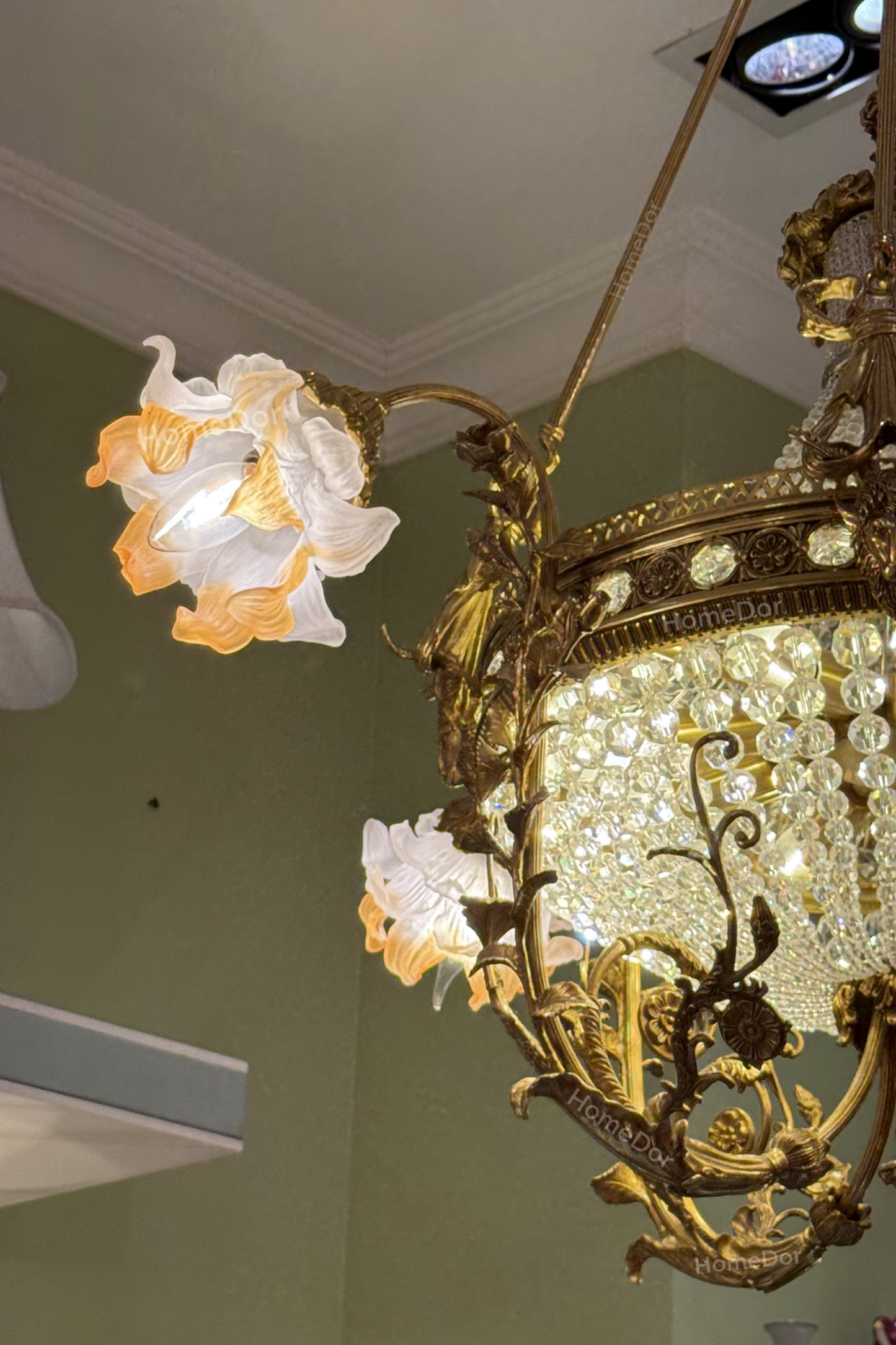 HomeDor-HomeDor × FH&Home | Baroque Floral Glass Chandelier with Exquisite Brass Carved Vines-Chandeliers-D102 × H108cm-Warm Light-