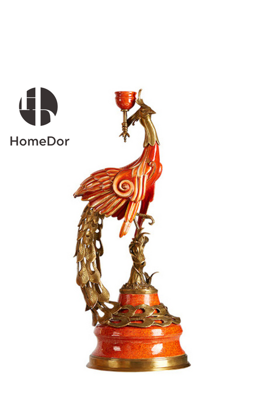 HomeDor-HomeDor × FH&Home | Exquisite Oriental Porcelain and Copper Phoenix Candle Holder-Candelabras-Right/L22cm × W22cm × H57cm-