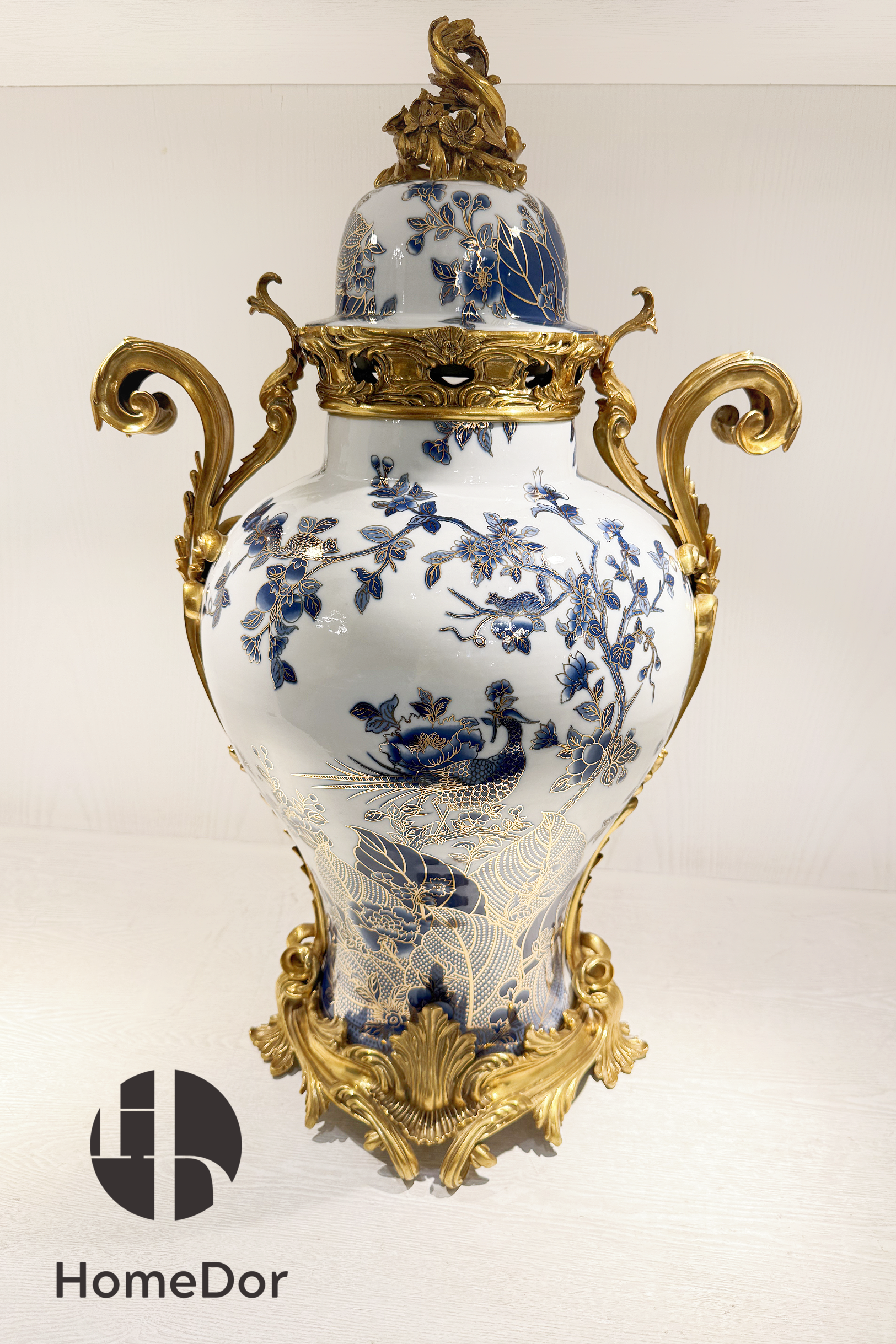 HomeDor-HomeDor × FH&Home | Baroque Porcelain Vase with Gold Carvings-Vases & Vessels-L36cm × W30cm × H68cm-