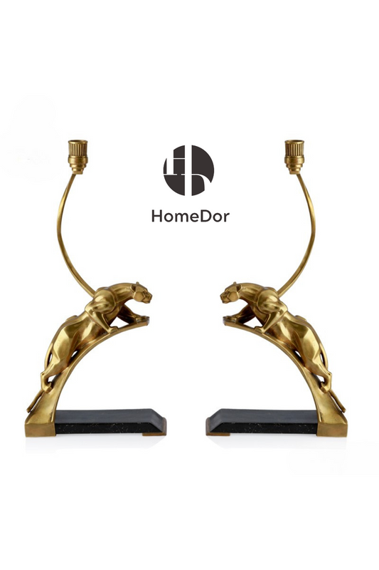 HomeDor-HomeDor × FH&Home | Elegant Modern Classical Copper Bookend Candle Holders with Leaping Panther Sculptures-Candelabras-L23cm × W9cm × H48cm-