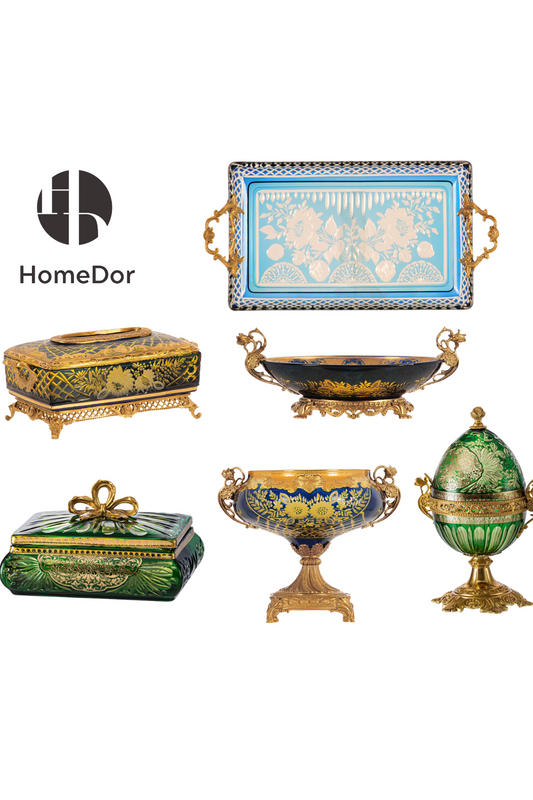 HomeDor-HomeDor × FH&Home | Exquisite Baroque Glass Floral Engravings Copper-cast Table Decor Set-Table Decor-The Whole Set-
