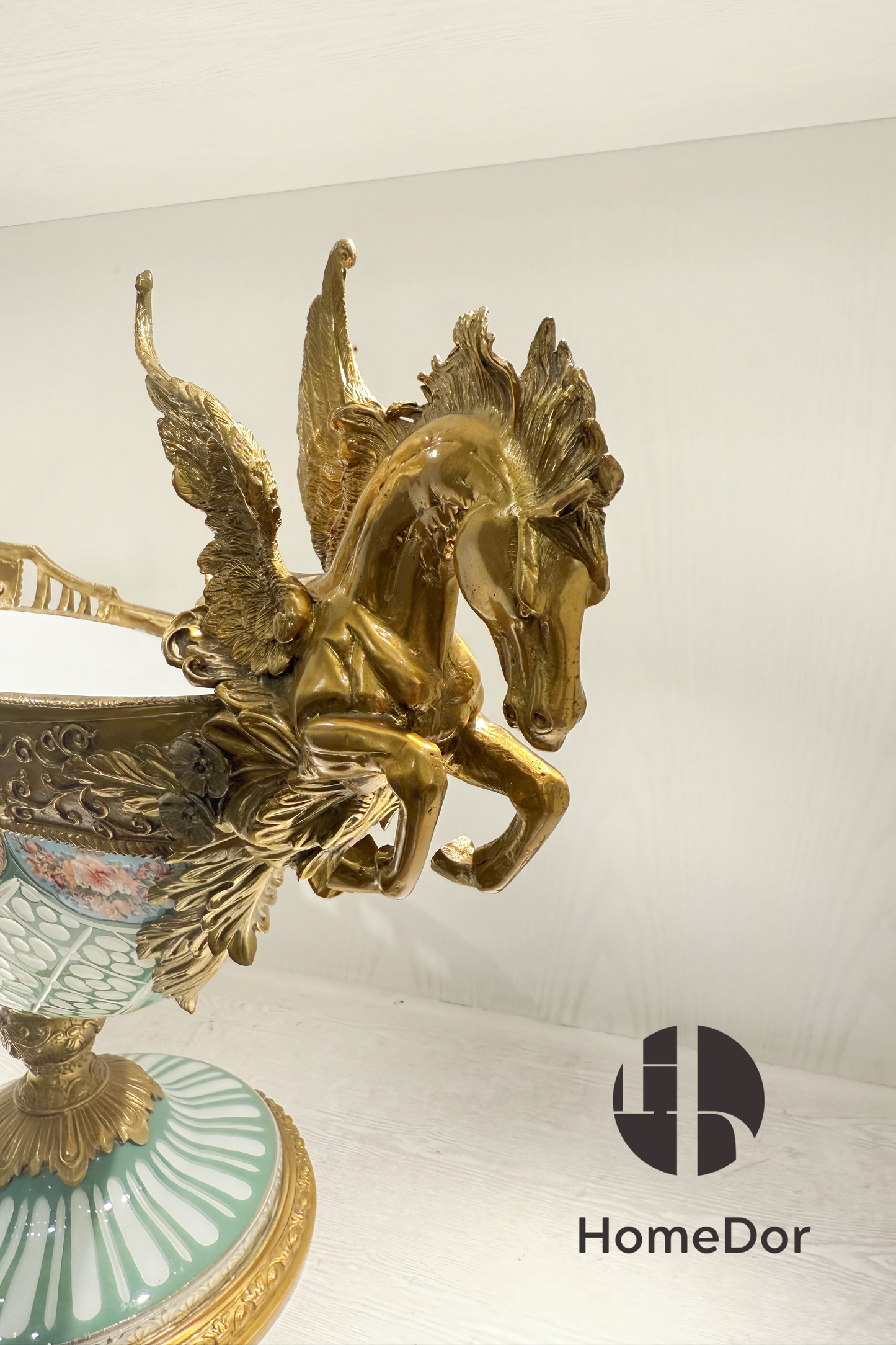 HomeDor-HomeDor × FH&Home | Exquisite Baroque Copper-cast Table Decor with Colorful Glass Bowl and Pegasus Handles-Table Decor-L79cm × W30cm × H58cm-