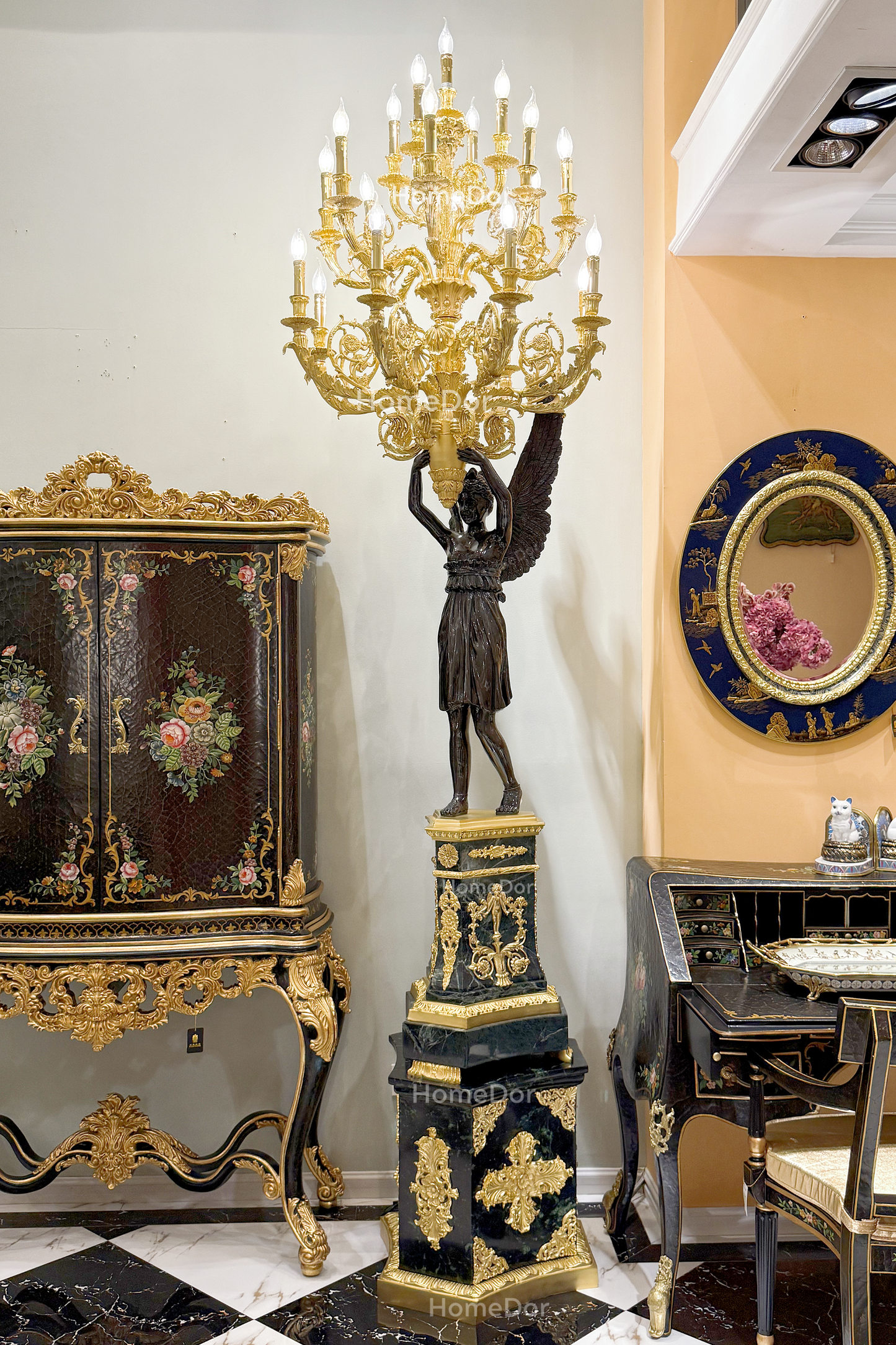 HomeDor-HomeDor × FH&Home | Guardian Angel Marble Floor Lamp with Golden Chalice-Floor Lamps-D80 x H300cm-Warm Light-