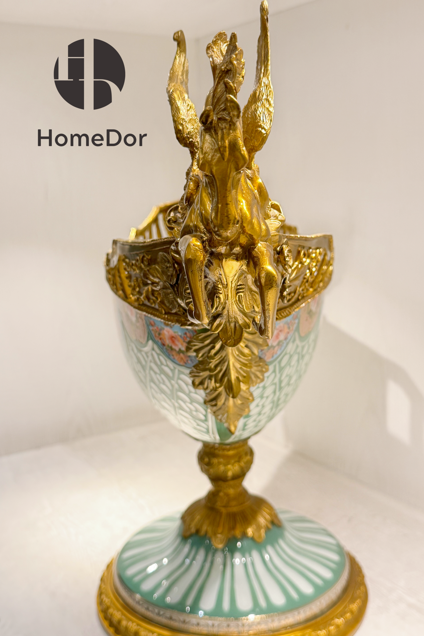 HomeDor-HomeDor × FH&Home | Exquisite Baroque Copper-cast Table Decor with Colorful Glass Bowl and Pegasus Handles-Table Decor-L79cm × W30cm × H58cm-