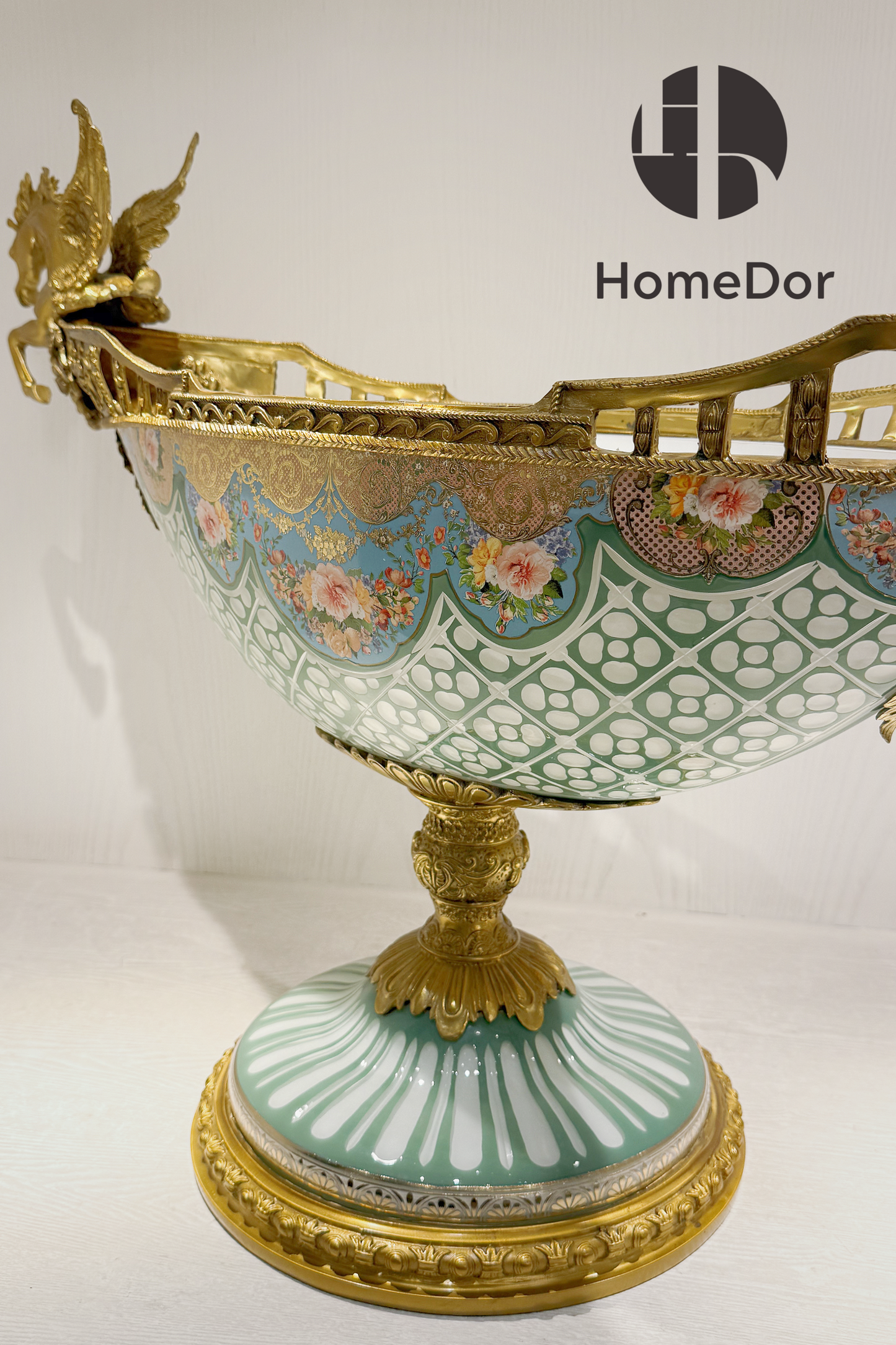 HomeDor-HomeDor × FH&Home | Exquisite Baroque Copper-cast Table Decor with Colorful Glass Bowl and Pegasus Handles-Table Decor-L79cm × W30cm × H58cm-