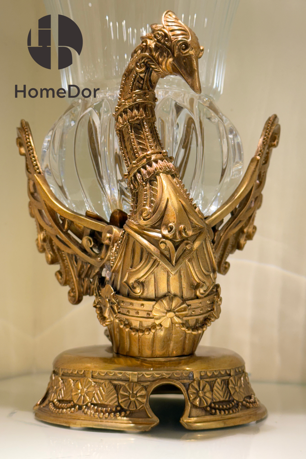HomeDor-HomeDor × FH&Home | Sophisticated Fluted Crystal Glass Vase with Brass Peacock Base-L22cm × W22cm × H37cm-