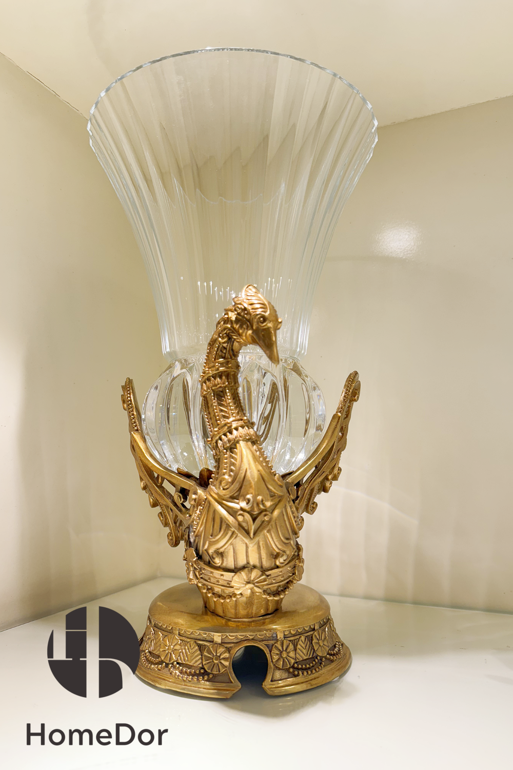 HomeDor-HomeDor × FH&Home | Sophisticated Fluted Crystal Glass Vase with Brass Peacock Base-L22cm × W22cm × H37cm-