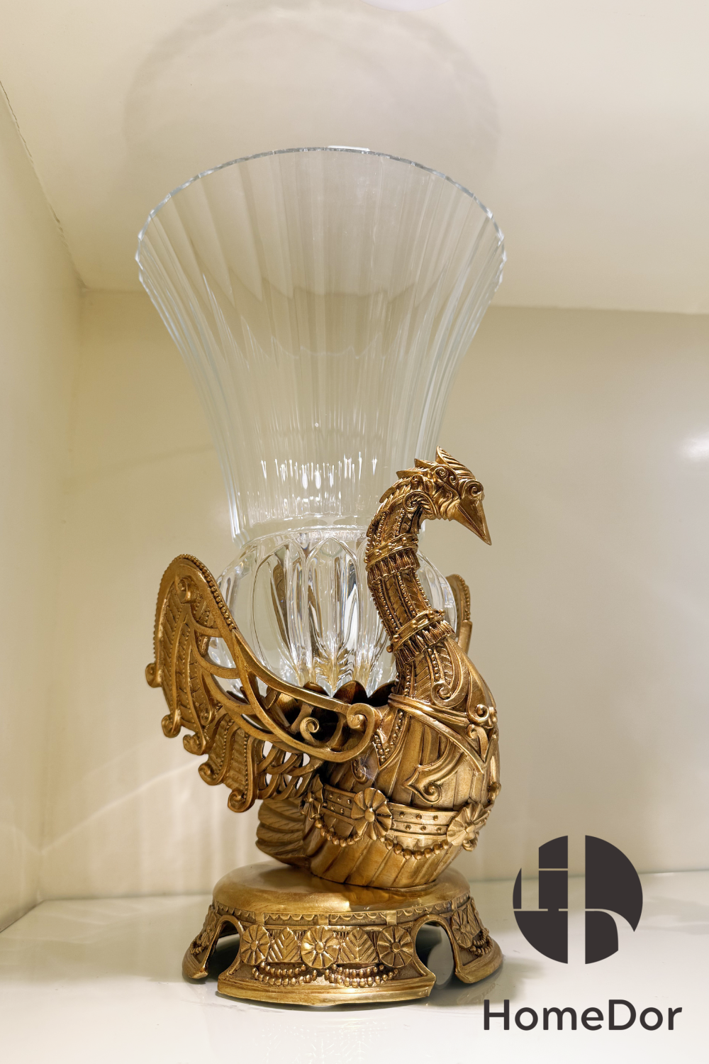 HomeDor-HomeDor × FH&Home | Sophisticated Fluted Crystal Glass Vase with Brass Peacock Base-L22cm × W22cm × H37cm-