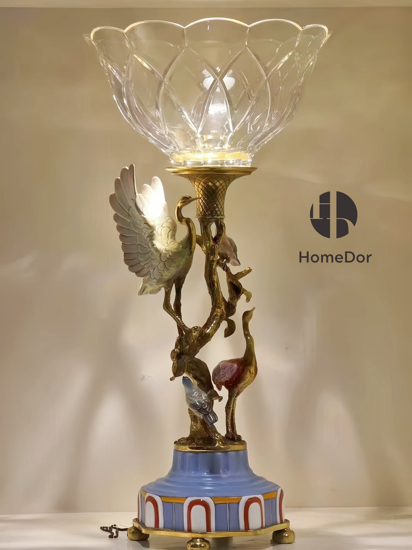 HomeDor-HomeDor × FH&Home | Prague Collection Crystal Glass Fruit Platter with Brass Cranes-L26cm × W26cm × H53cm-