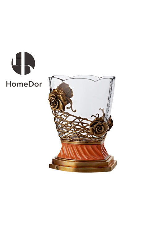 Prague Collection Crystal Glass Vase with Brass Rose Motifs