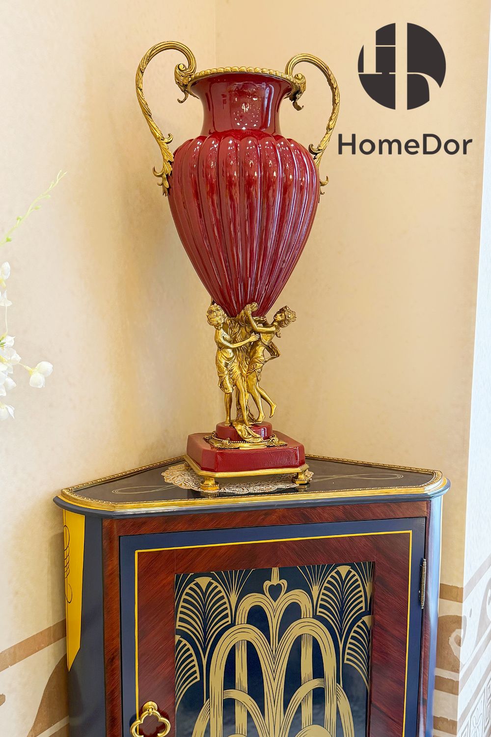 HomeDor × FH&Home | Regal Red Twin-Handled Vase with Sculpted Brass Cherubs Base