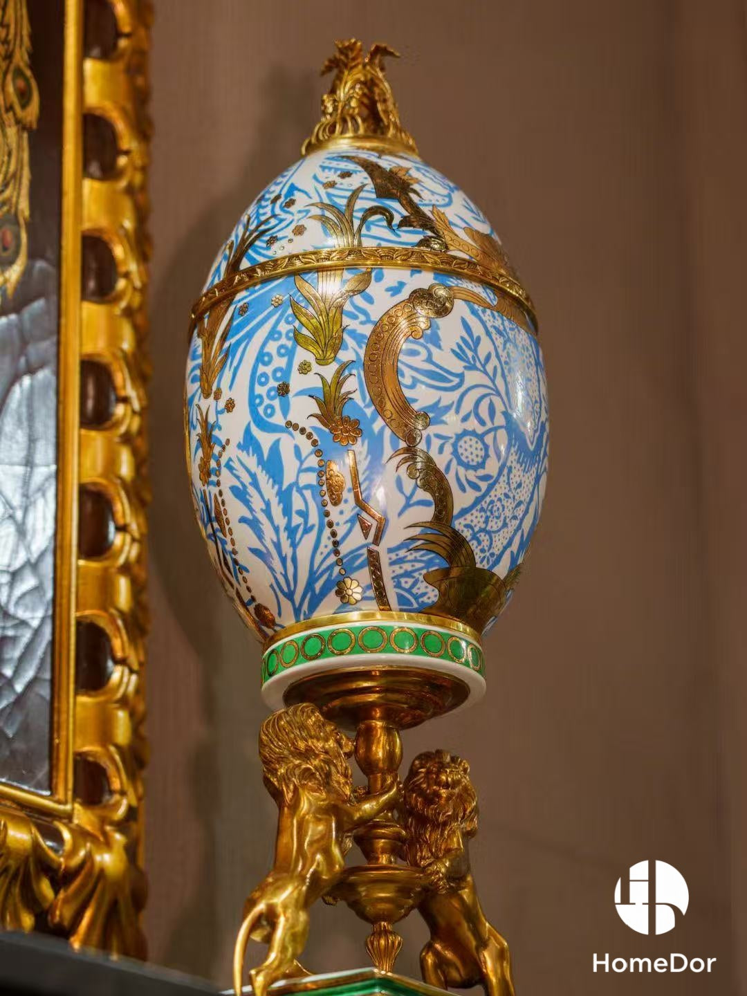 Royal Crown Egg-Shaped Blue Decorative Canisters with Lion Stand
3