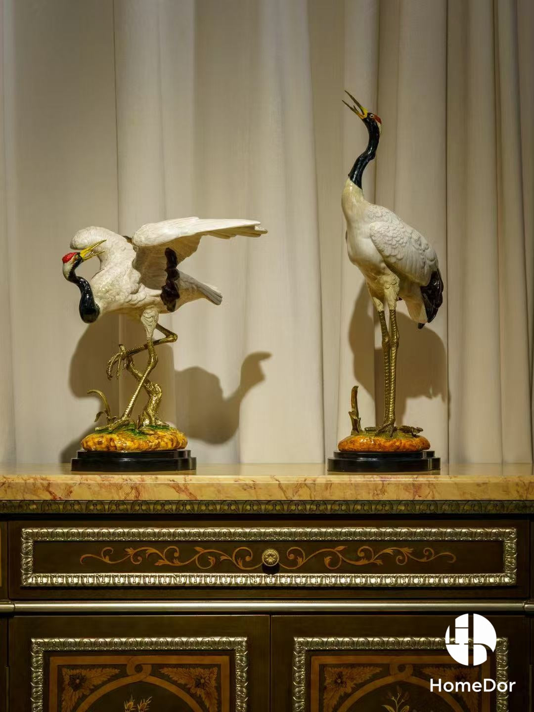 Sophisticated Ceramic Crane Figurine/ Decorative Table Set with Brass Bases10