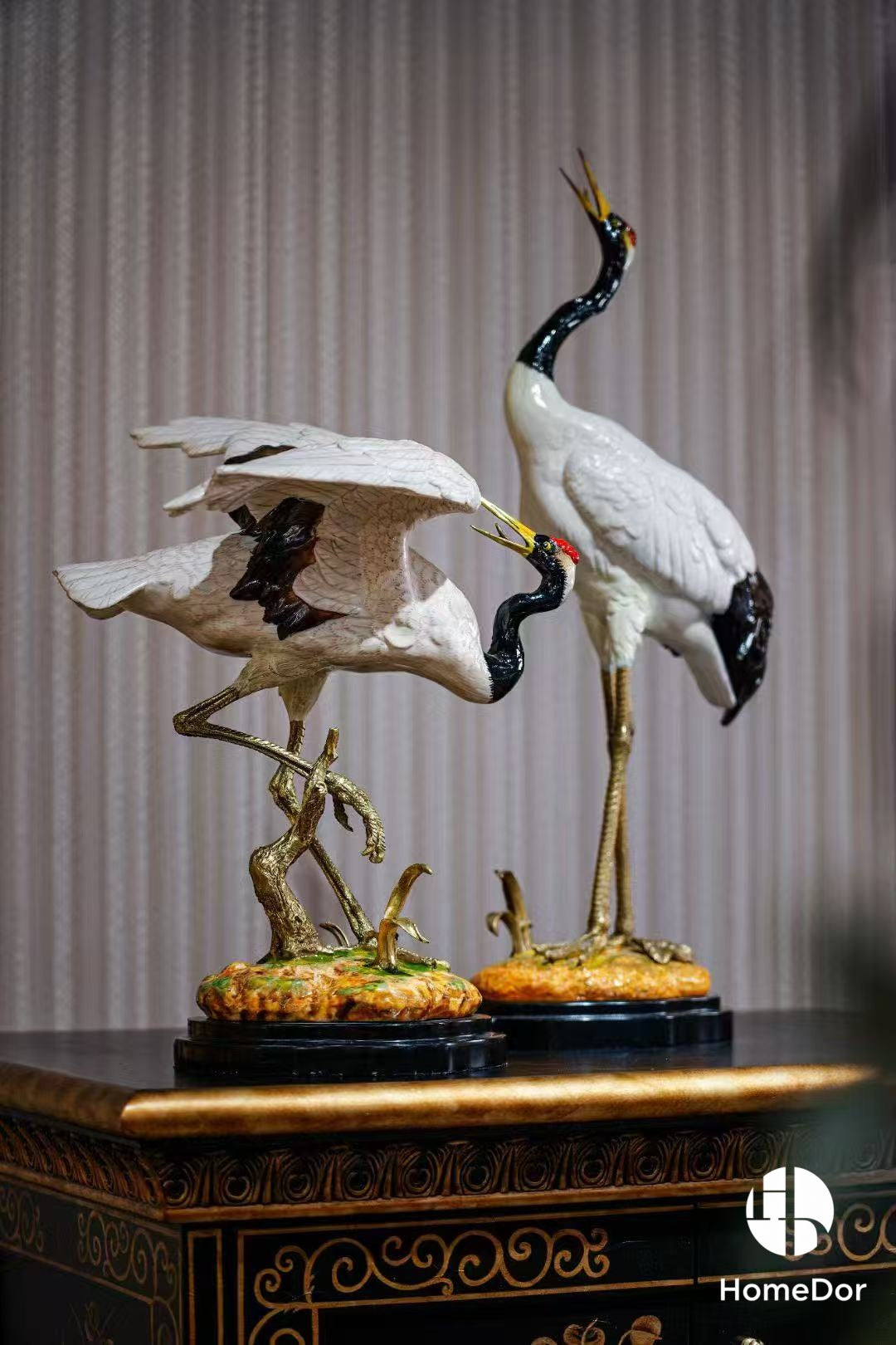 Sophisticated Ceramic Crane Figurine/ Decorative Table Set with Brass Bases9