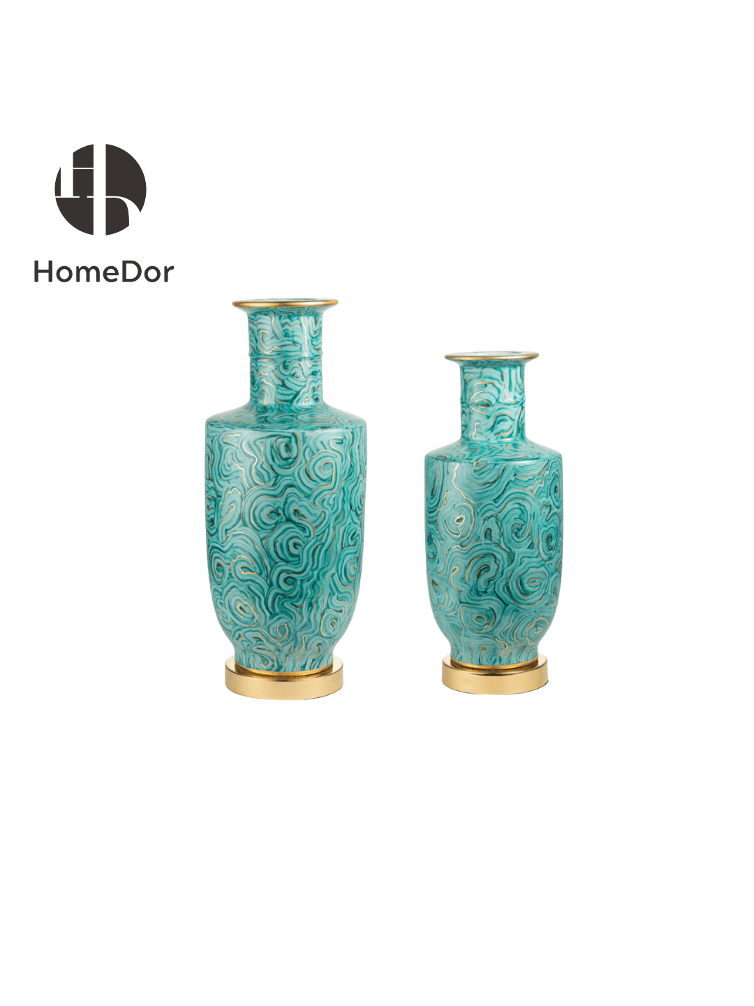 Turquoise Porcelain Vases with Distinctive Golden Swirl Patterns and Unique Brass Base & Rim