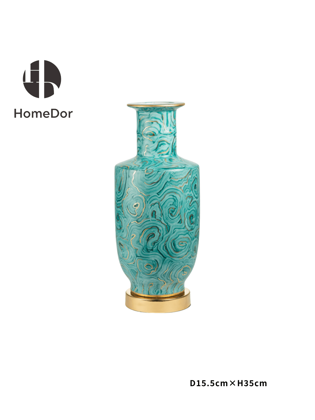 Turquoise Porcelain Vases with Distinctive Golden Swirl Patterns and Unique Brass Base & Rim4