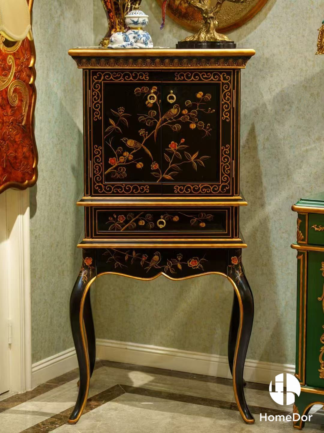 Vintage Black Lacquered Floral Side Cabinet
1