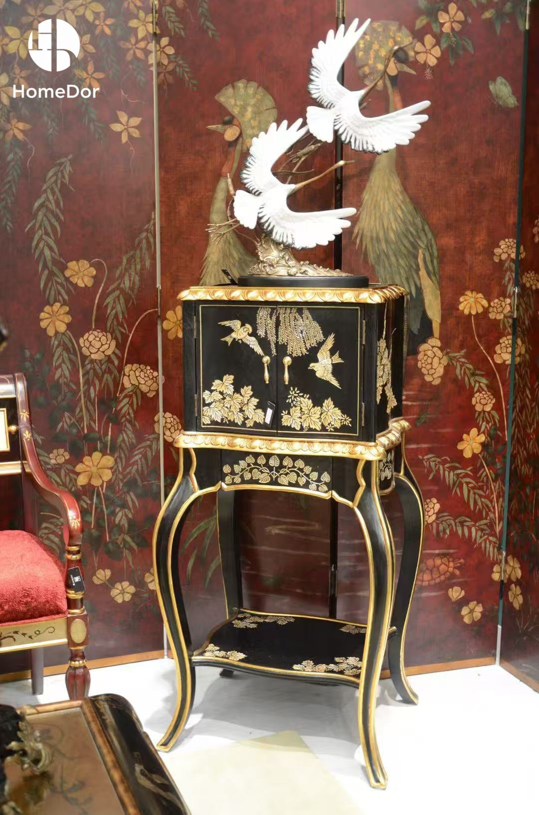 Vintage Black Lacquered Wood Golden Floral Side Cabinet
2