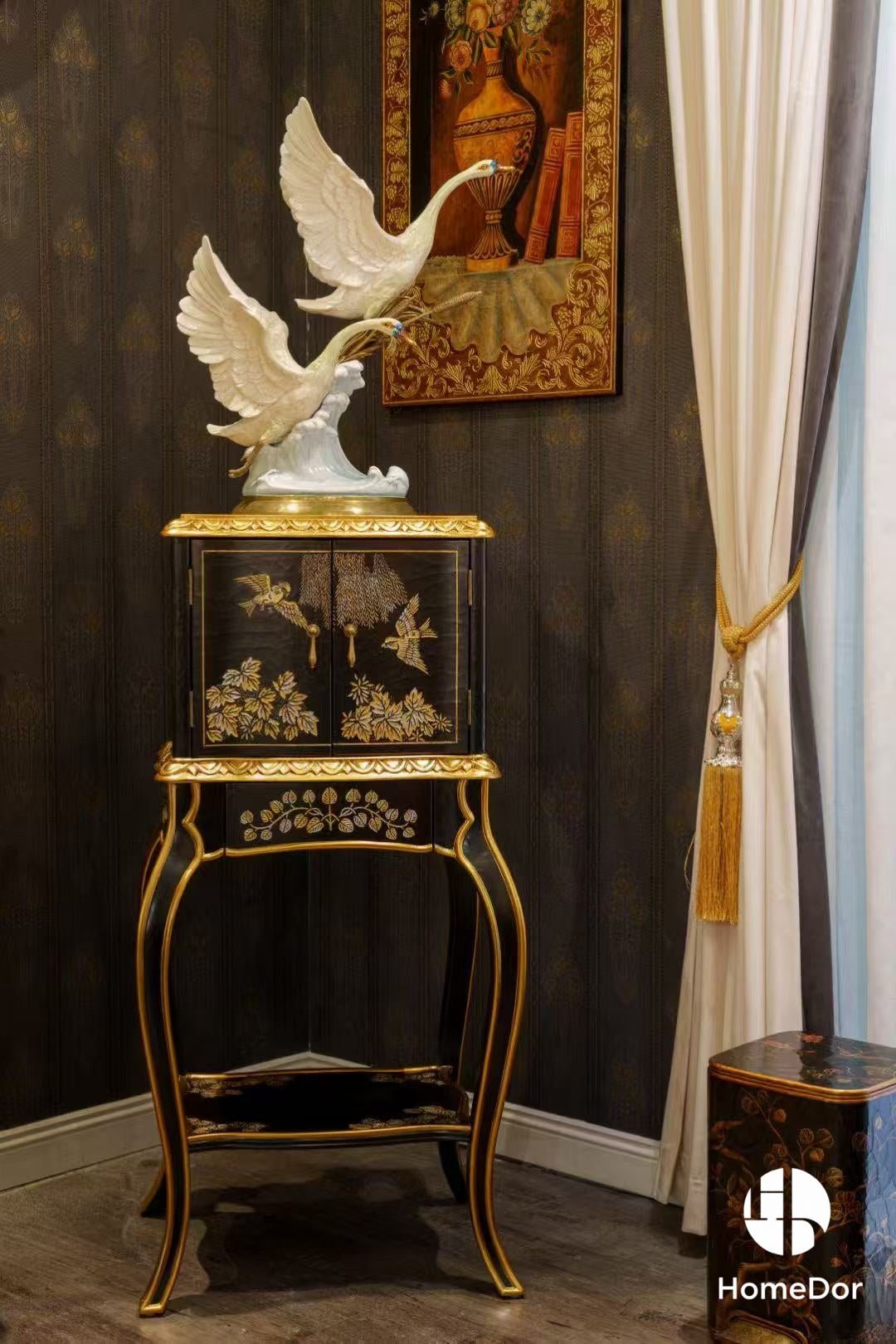 Vintage Black Lacquered Wood Golden Floral Side Cabinet
3
