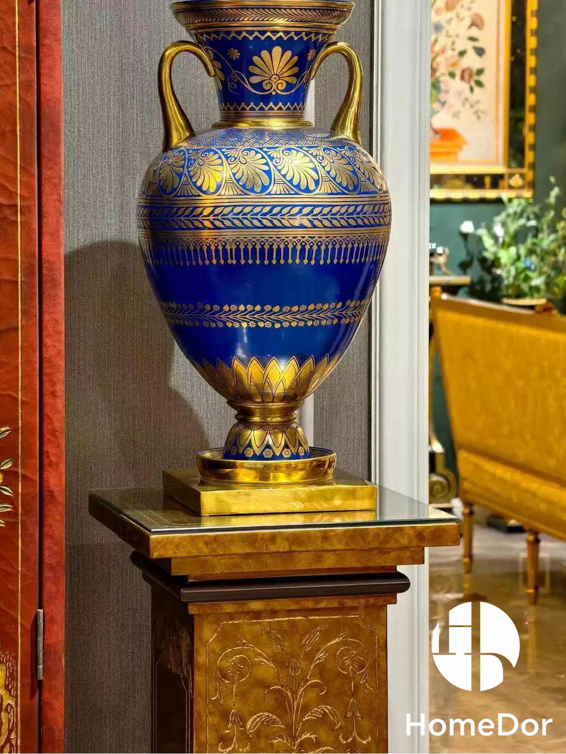 Vintage Blue Porcelain Gilt Patterned Amphora Vase
4