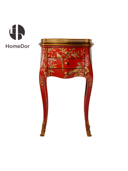 Vintage Luxury Red and Gold Side Cabinet with Intricate Bird & Floral Carvings