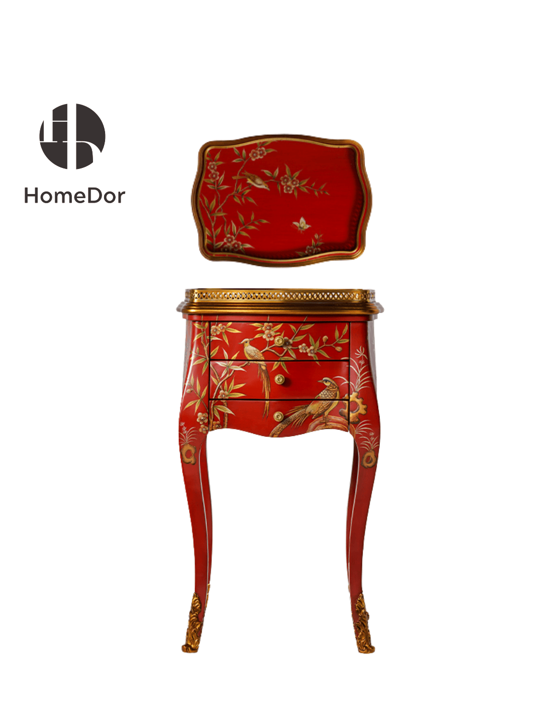 Vintage Luxury Red and Gold Side Cabinet with Intricate Bird & Floral Carvings1