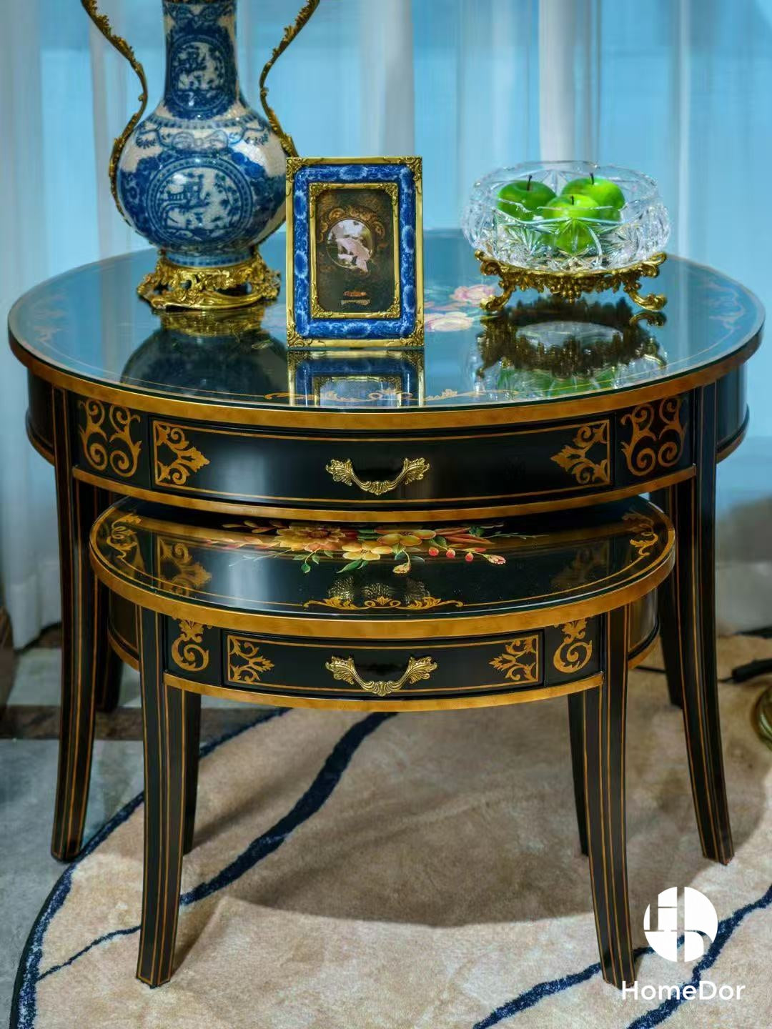 Vintage Style Black Nesting Tables Set with Floral Art & Gold Accents4