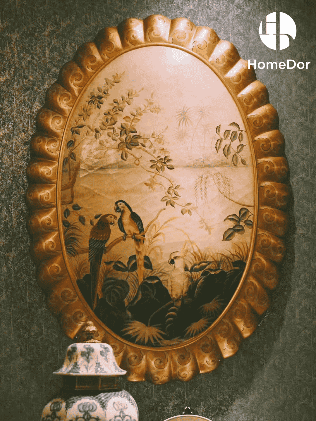 Vintage Style Wood Paneled Wall Decor with Hand Painted Parrots & Gold Scalloped Frame5