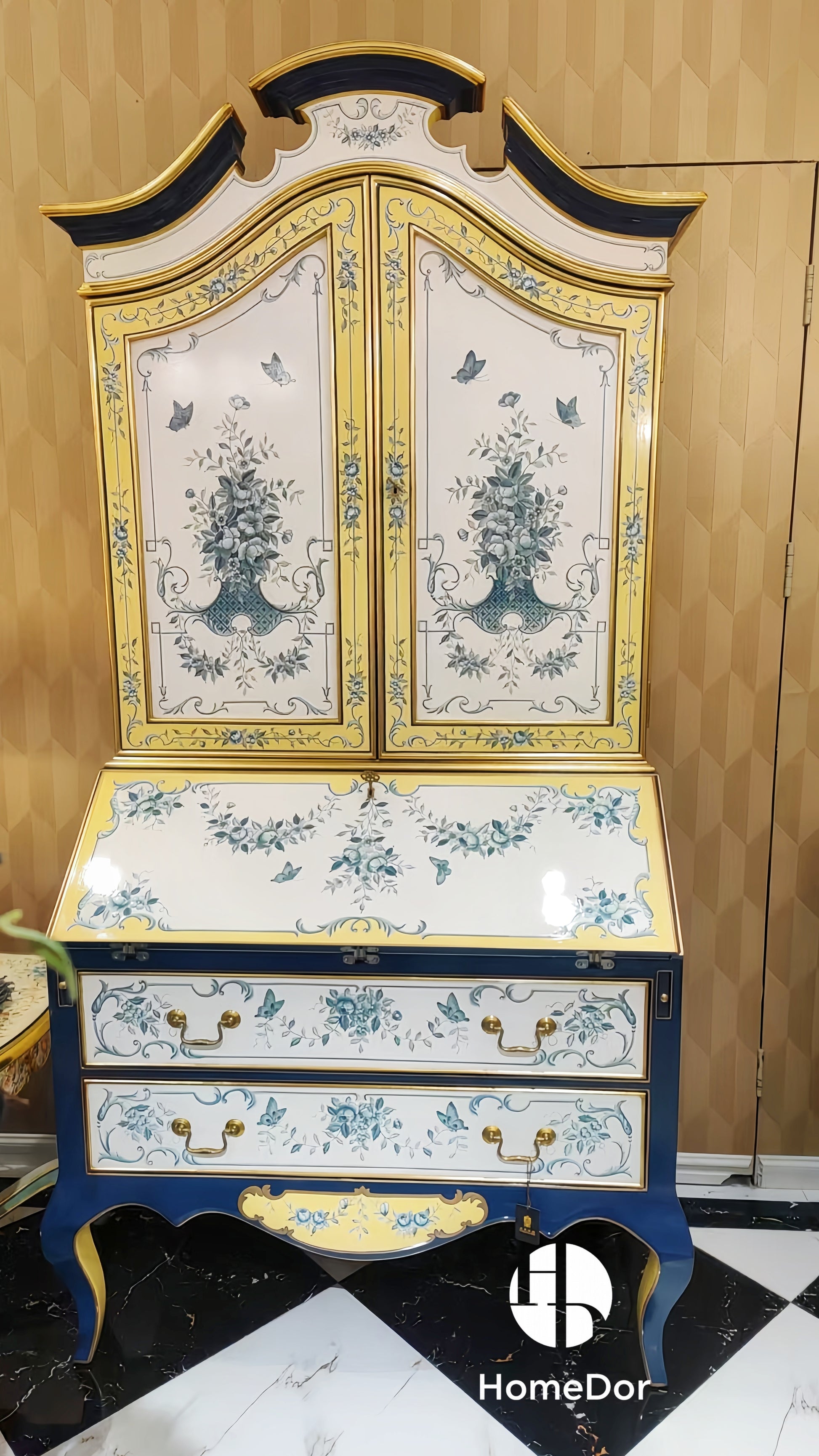 HomeDor-HomeDor × FH&Home | Sophisticated Blue-White Floral Secretary Bookcase with Gold Detailing-L107cm × W59cm × H215cm-