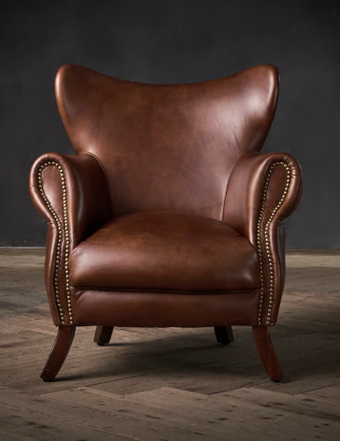 Retro Brown Genuine Leather Wing Shape Lounge Chair with Stud Detailing