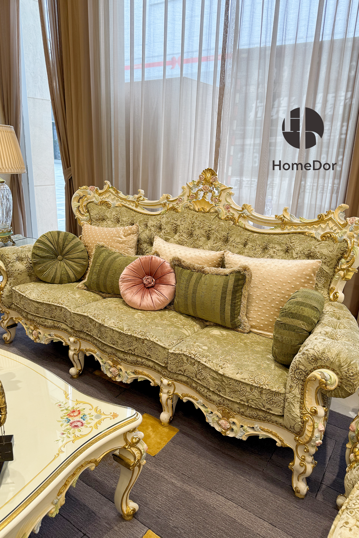 HomeDor HomeDor × FH&Home | Royal French Rose Artisan Carving Mahogany Fairy Green Sofa Set-Sofas-The Whole Set-