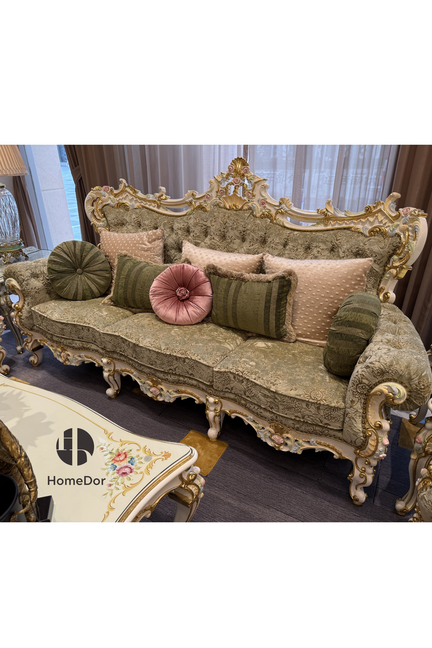 HomeDor HomeDor × FH&Home | Royal French Rose Artisan Carving Mahogany Fairy Green Sofa Set-Sofas-The Whole Set-