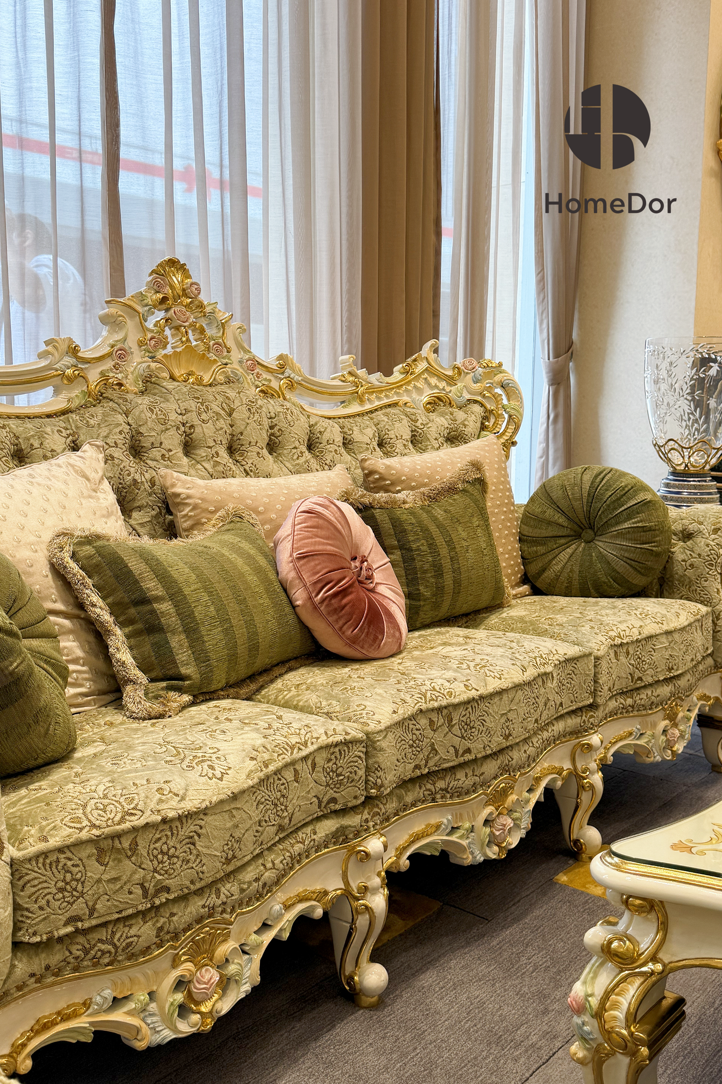 HomeDor HomeDor × FH&Home | Royal French Rose Artisan Carving Mahogany Fairy Green Sofa Set-Sofas-The Whole Set-