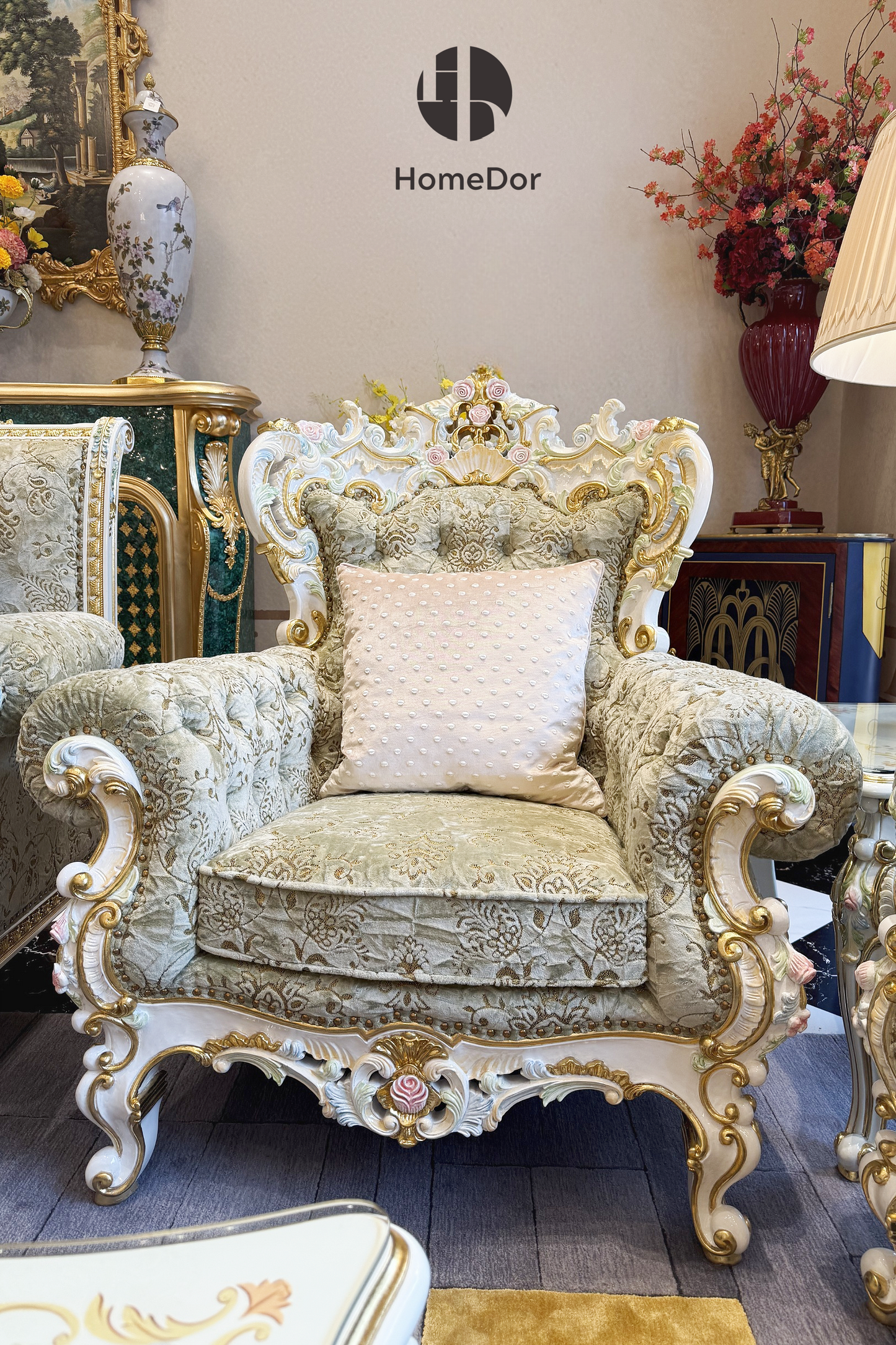 HomeDor HomeDor × FH&Home | Royal French Rose Artisan Carving Mahogany Fairy Green Sofa Set-Sofas-The Whole Set-