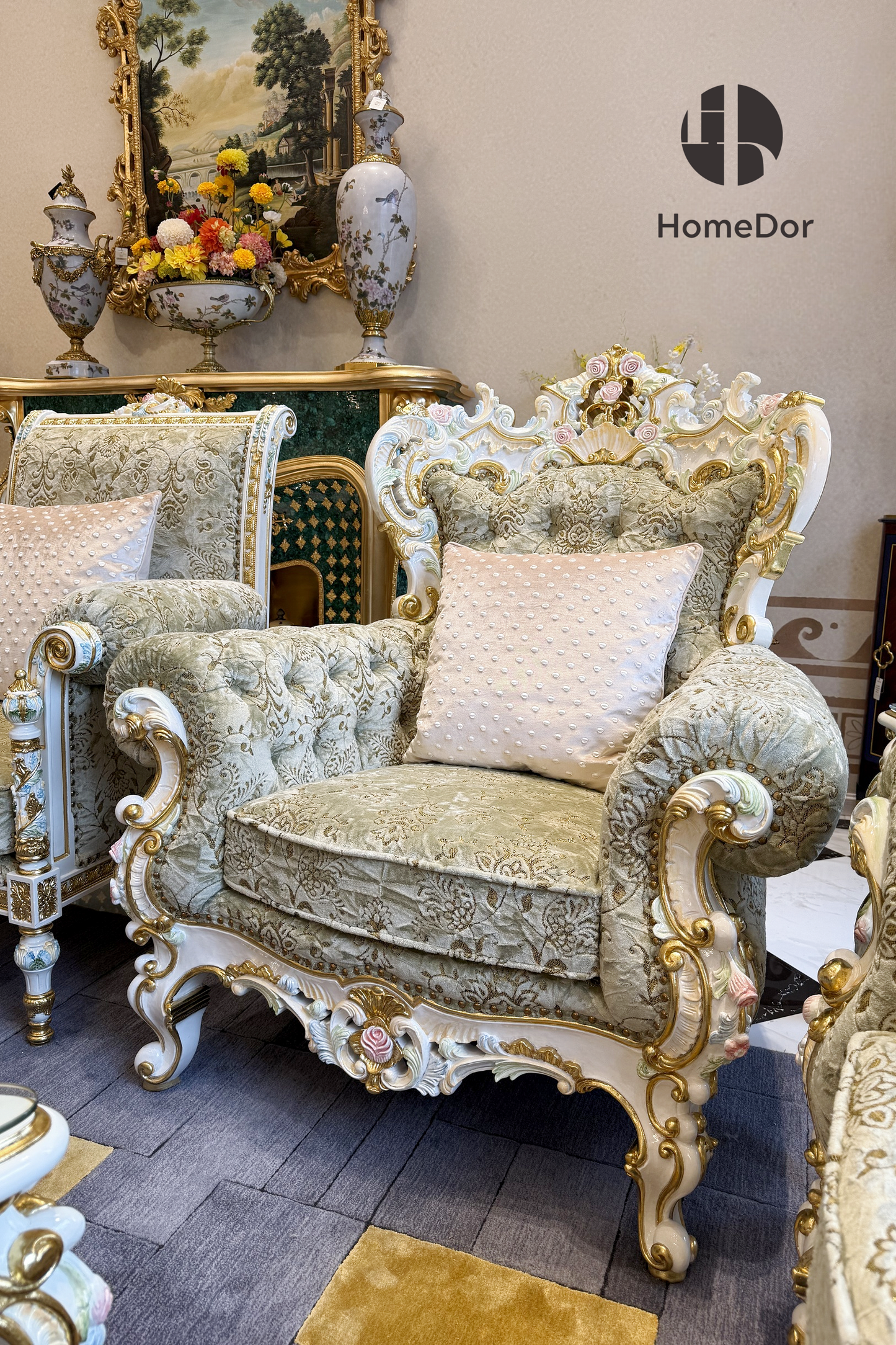 HomeDor HomeDor × FH&Home | Royal French Rose Artisan Carving Mahogany Fairy Green Sofa Set-Sofas-The Whole Set-