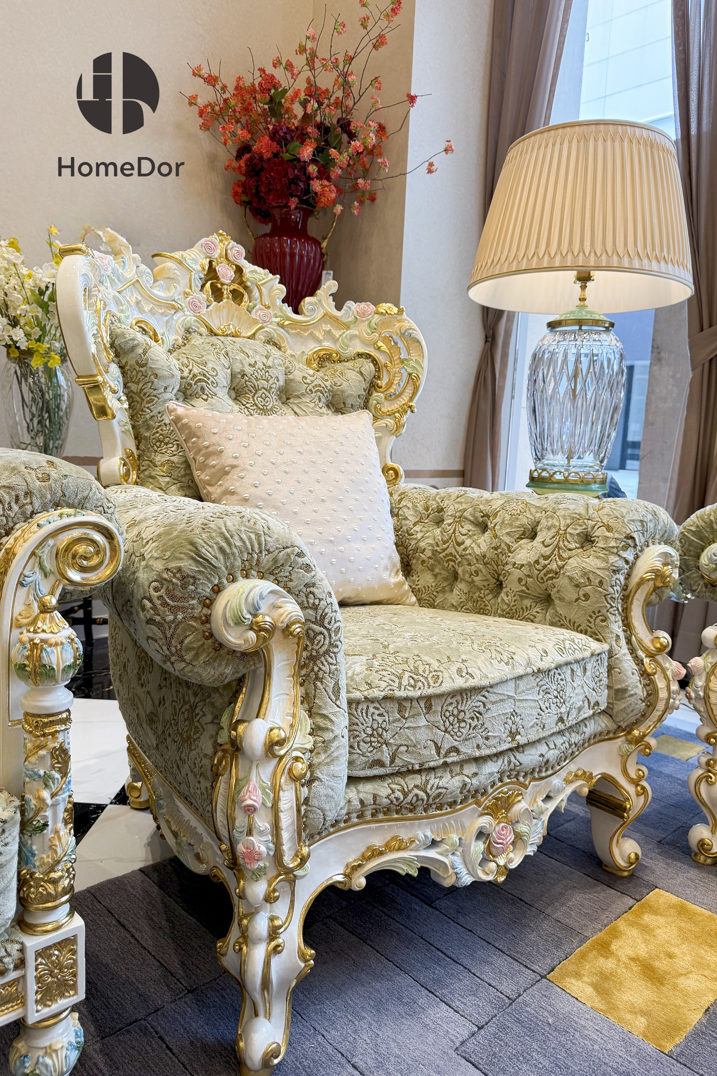 HomeDor HomeDor × FH&Home | Royal French Rose Artisan Carving Mahogany Fairy Green Sofa Set-Sofas-The Whole Set-