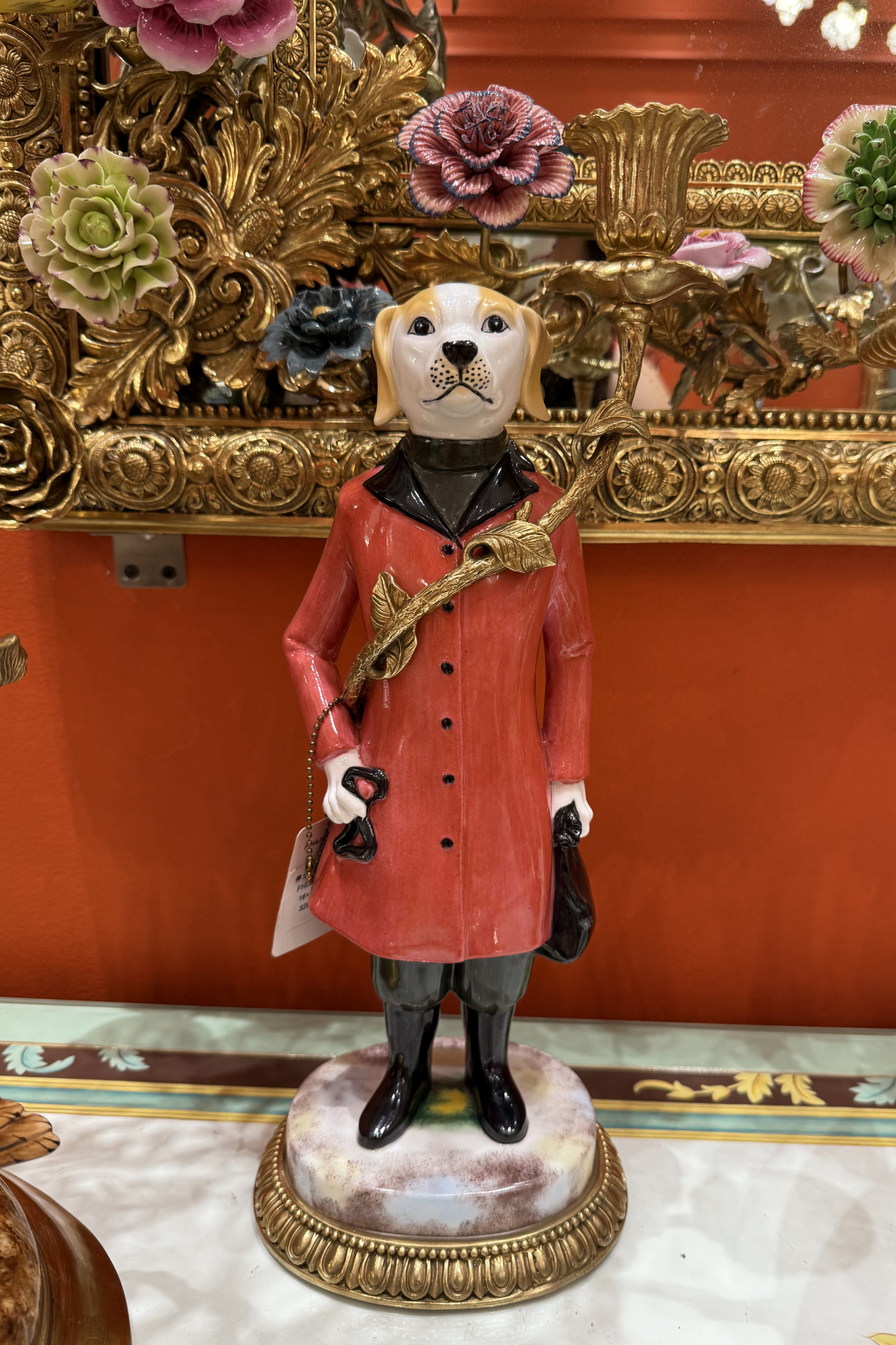 HomeDor-HomeDor × FH&Home | Dog Guard Figurine Candle Holder in Porcelain and Brass-Candelabras-Left/L16cm × W14cm × H41cm-