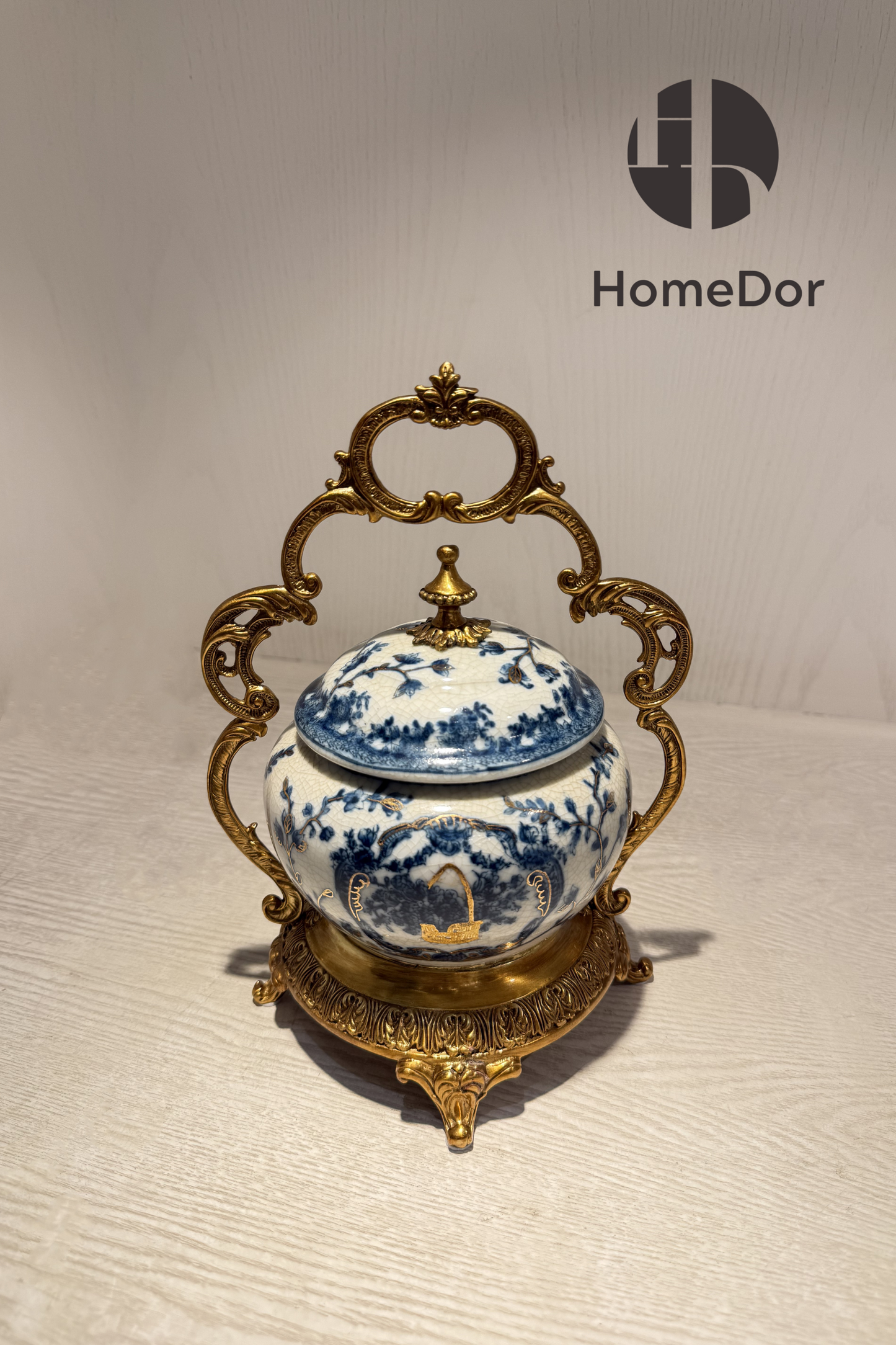 HomeDor-HomeDor × FH&Home | Exquisite Blue-and-White Porcelain Urn with Brass Handles and Lid-Decorative Canisters-L16cm × W15cm × H24cm-