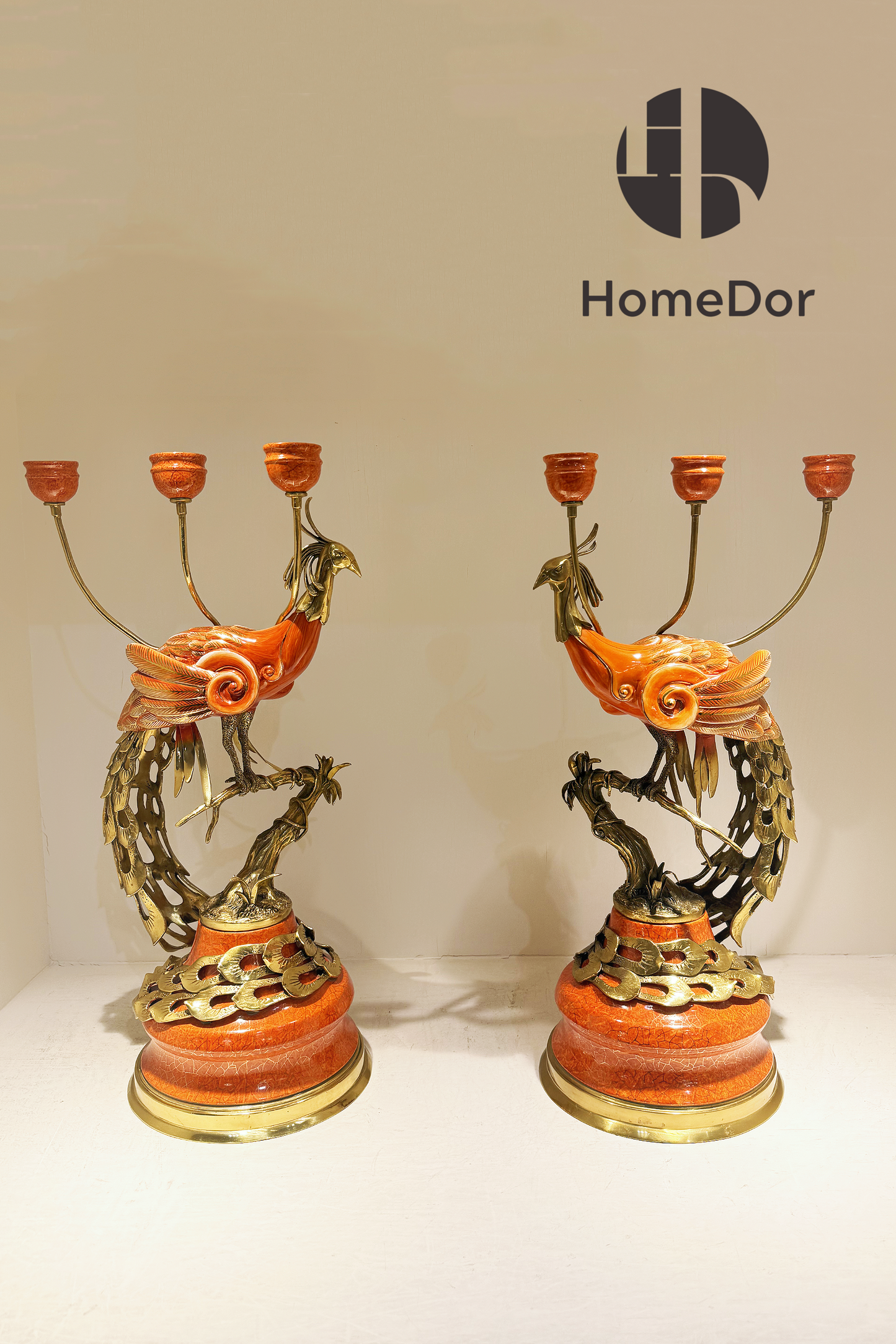 HomeDor-HomeDor × FH&Home | Exquisite Oriental Porcelain and Copper Phoenix Candle Holder-Candelabras-Left/L22cm × W22cm × H57cm-