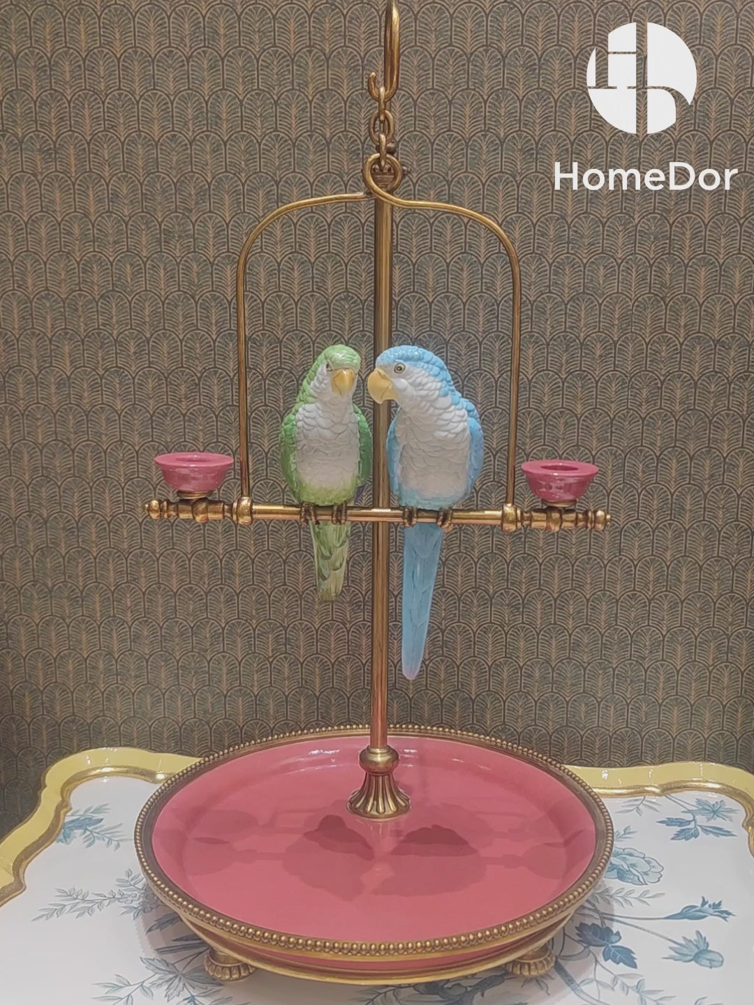 HomeDor × FH&Home | Romantic Vintage Parrot Candle Holder with Blush-Toned Tray