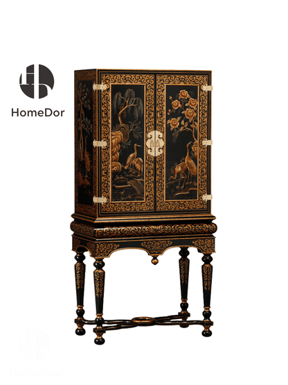 Chinoiserie Gilded Black Lacquer Tall Cabinet on Stand