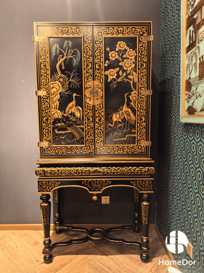 Chinoiserie Gilded Black Lacquer Tall Cabinet on Stand