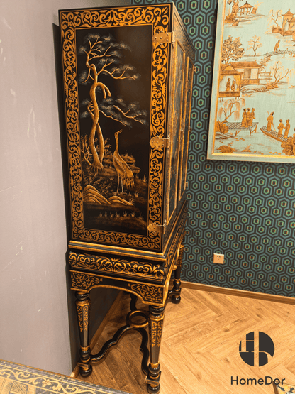 Chinoiserie Gilded Black Lacquer Tall Cabinet on Stand