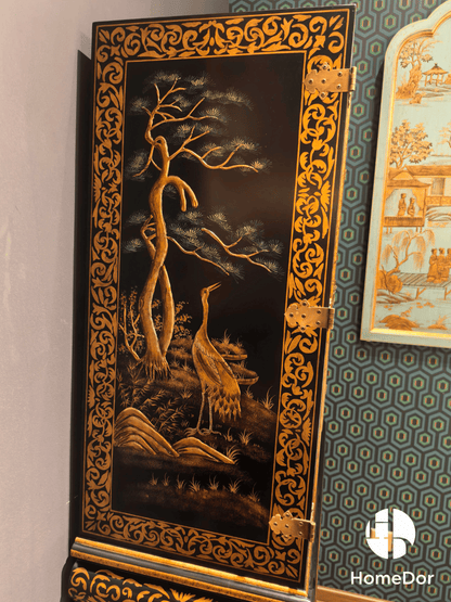 Chinoiserie Gilded Black Lacquer Tall Cabinet on Stand