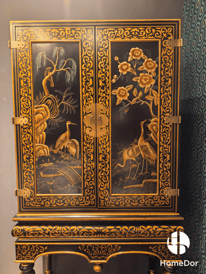 Chinoiserie Gilded Black Lacquer Tall Cabinet on Stand