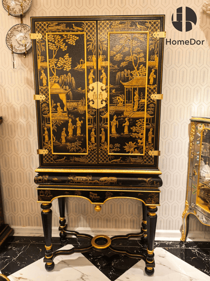 Chinoiserie Gilded Black Lacquer Tall Cabinet on Stand