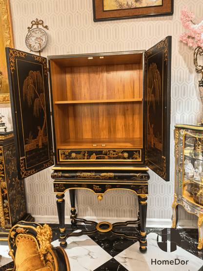 Chinoiserie Gilded Black Lacquer Tall Cabinet on Stand