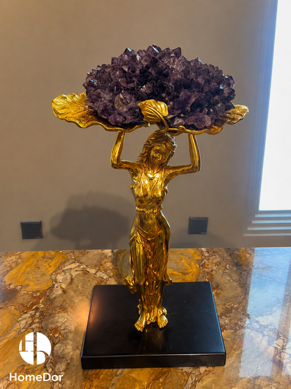 Neoclassical Gilded Goddess Amethyst Cluster Tabletop Sculpture